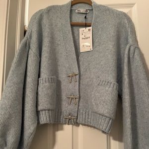 Zara bell sleeve powder blue sweater with bow jeweled buttons 💙🎀